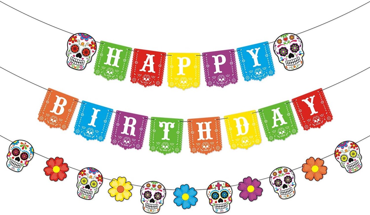 Day of the Dead Happy Birthday Banner Día de los Muertos Papel Picado(Multicolor)